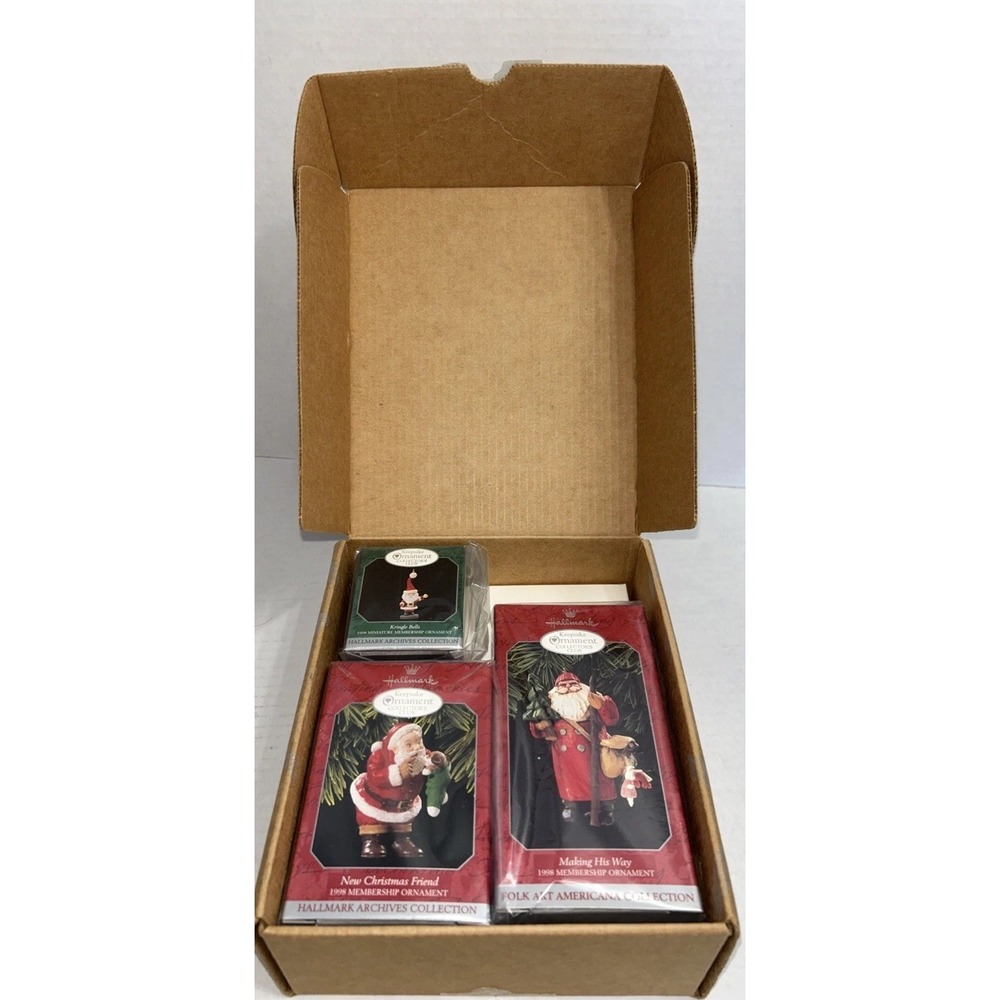 NIB 1998 HALLMARK Membership KIT Ornaments KEEPSAKE COLLECTORS CLUB 3 Santas NEW